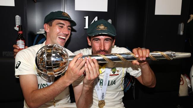 Pat Cummins and Mitchell Starc of Australia pose with the ICC World Test Championship mace. Both players have a prioritised Test cricket over the IPL throughout their careers Picture: Getty Images