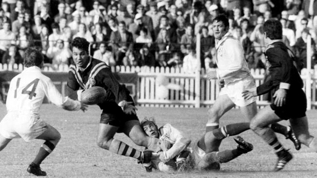 Roger Millward intercepts a pass from Arthur Beetson in the 1970 Test at the SCG.