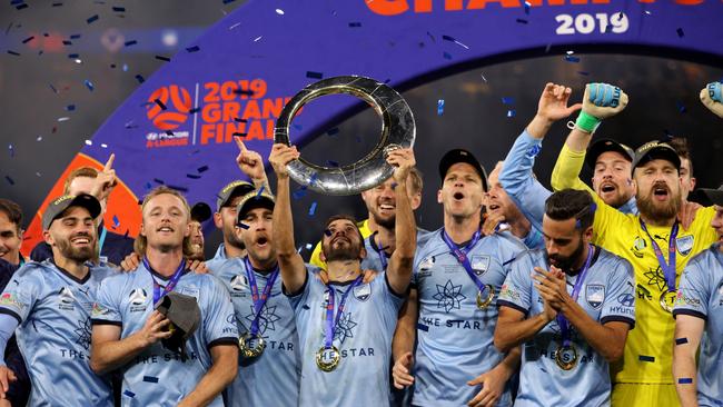 Sydney FC players celebrate after winning the A-League Grand Final match between the Perth Glory and the Sydney FC at Optus Stadium in Perth, Sunday, May 19, 2019.