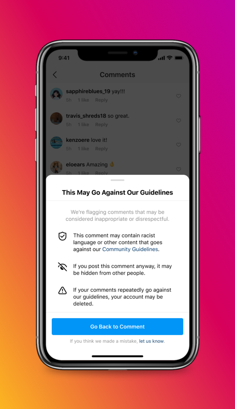 New Instagram warnings against people posting offensive material.