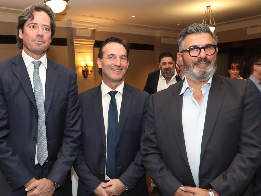 Neil Mitchell farewell/retirement lunch at Melbourne town hall. Gillon McLachlan, Andrew Dillon and Andrew Demetriou. Friday, February 9, 2024. Picture: David Crosling