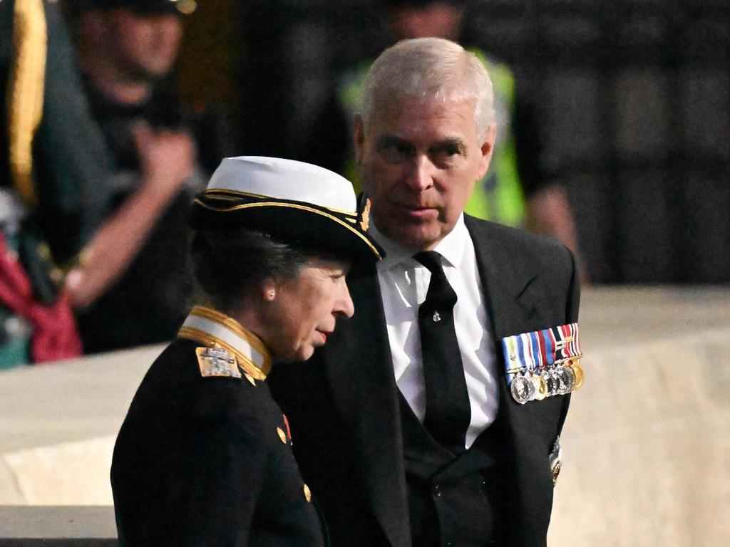 Princess Anne and Prince Andrew leaves after attending the vigil in memory of Queen Elizabeth II at St Giles Cathedral on September 12, 2022 in Edinburgh, Scotland. Picture: Karwai Tang/WireImage