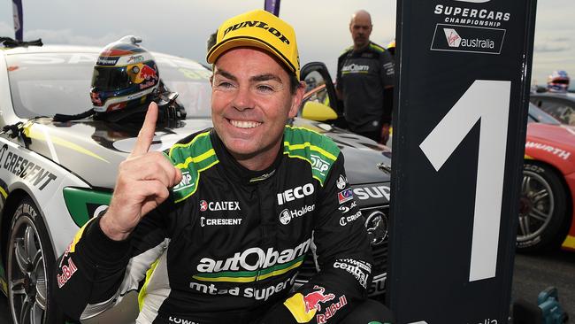 Holden driver Craig Lowndes celebrates winning race 2 in Tasmania last month.