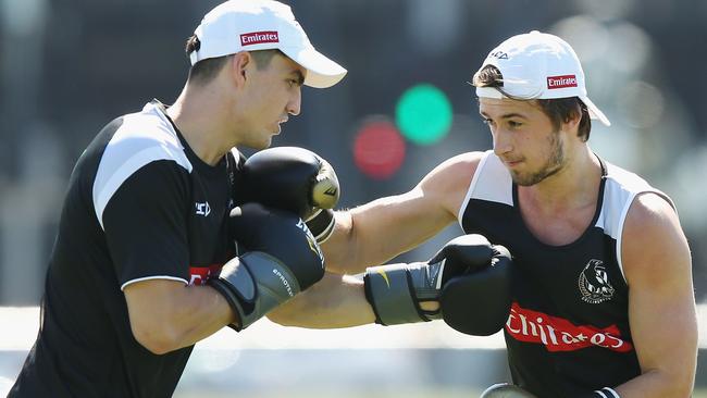 Tom Phillips and Brayden Maynard complete a boxing drill. Picture: Getty Images