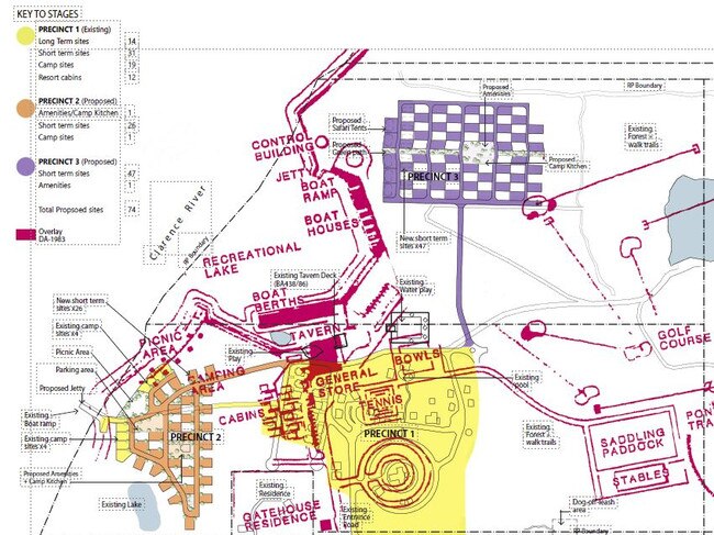 Overall plans for redevelopment of Big 4 Saltwater @ Yamba. Purple marks are original plans from the 1983 development application