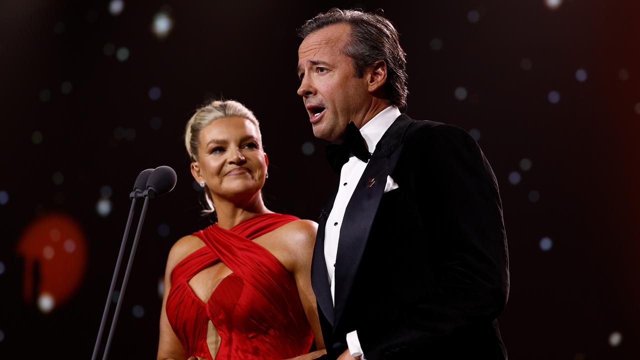 Rebecca Maddern and Hamish McLachlan host the 2024 Brownlow Medal. Photo by Michael Willson/AFL Photos via Getty Images.