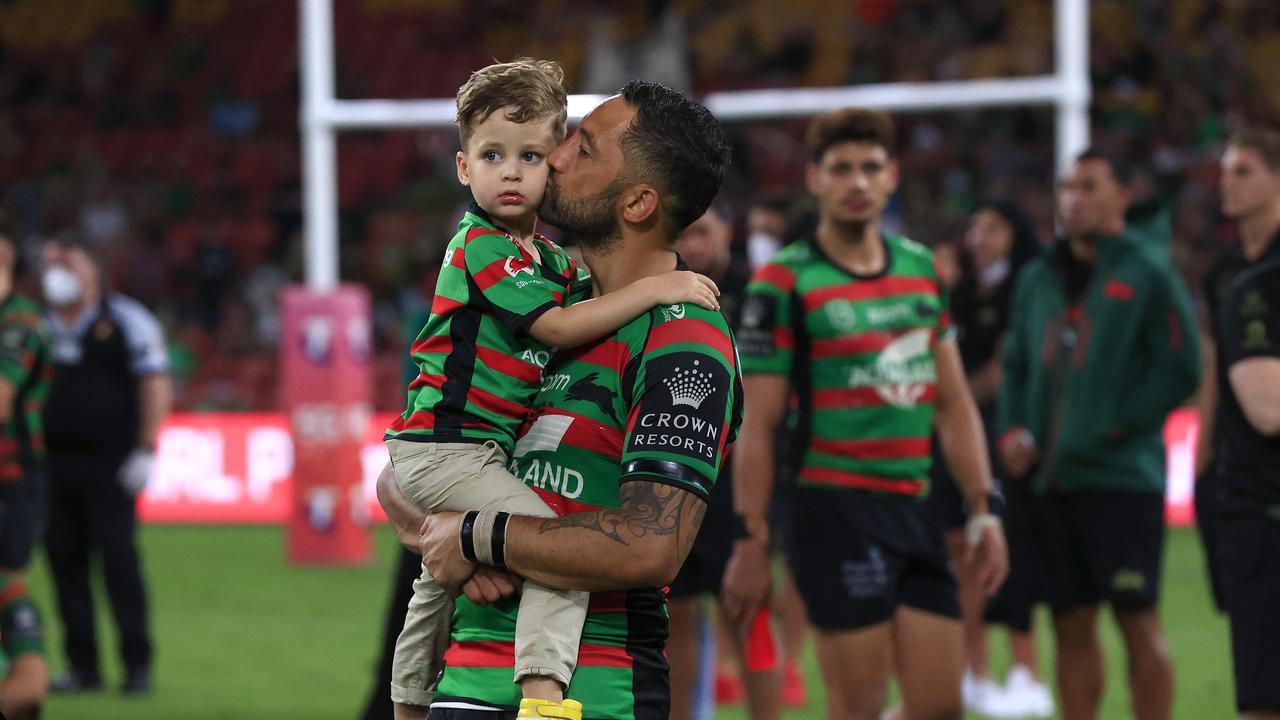 Benji Marshall with his son after losing the 2021 NRL grand final. Picture: Adam Head