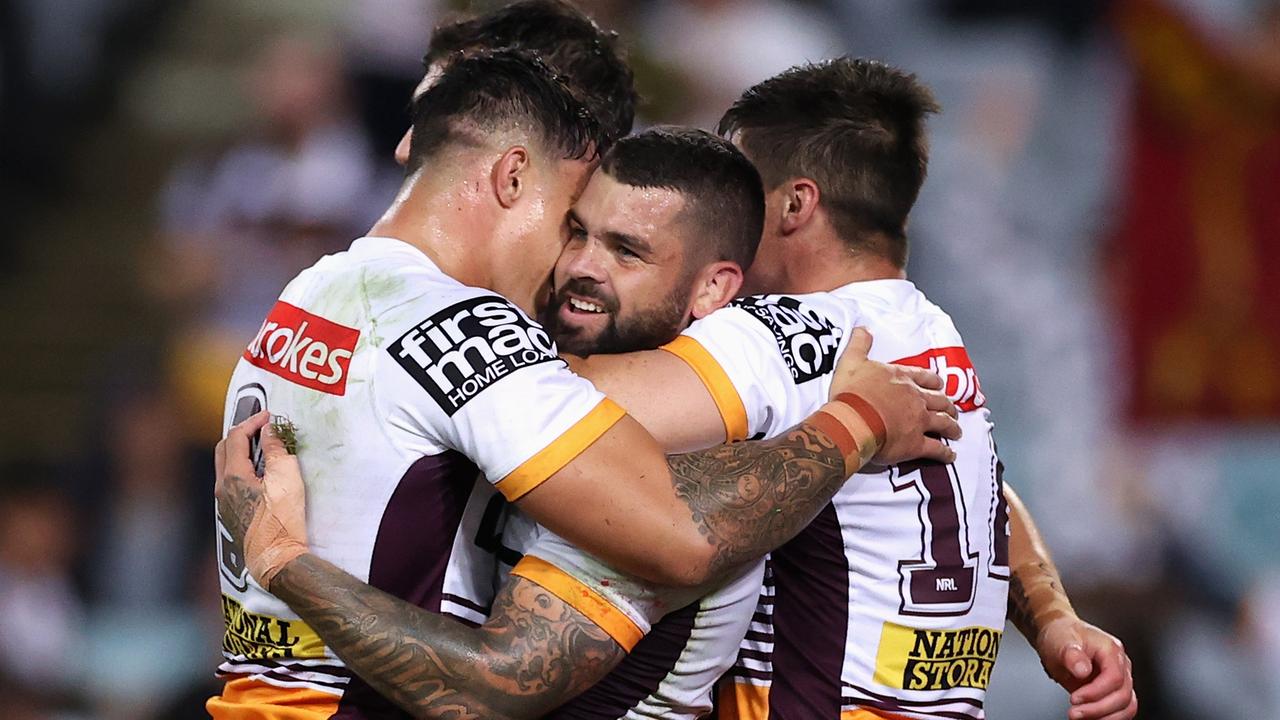 Adam Reynolds of the Broncos celebrates scoring a try against South Sydney. Photo by Cameron Spencer/Getty Images.