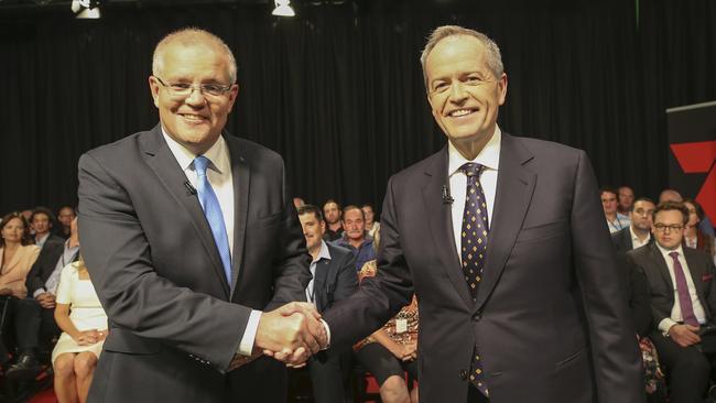 Scott Morrison and Bill Shorten shake hands before the Perth debate. Picture: Nic  Ellis