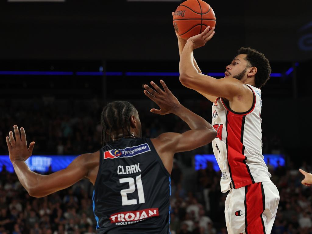 Tyler Harvey hits the shot which delivered the Hawks victory in game two of the NBL championship series. Picture: Getty Images