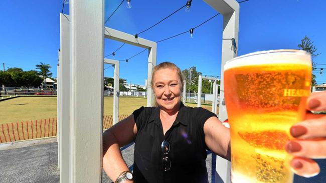 COMING SOON: Mooloolaba Bowls Club GM Paula Herdman cheering the progress of the new outdoor bar and beer garden. Picture: John McCutcheon