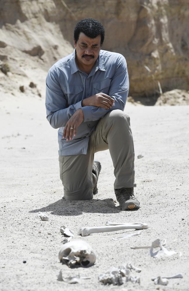 Host Neil deGrasse Tyson observes bones, skulls and teeth in the sand in a scene from Cosmos: Possible Worlds. Picture: Lewis Jacobs/FOX