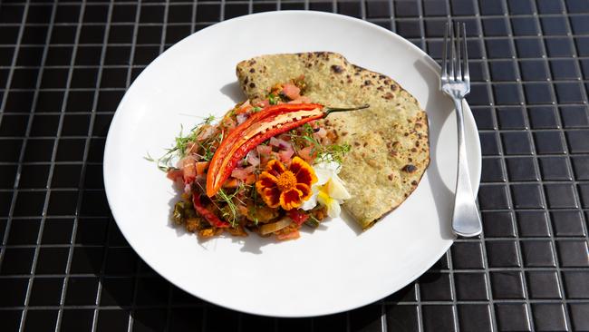 The spiced scrambled eggs with spinach flatbread. Picture: Mark Cranitch