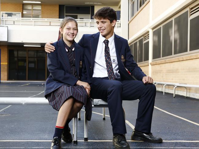 DAILY TELEGRAPH 4TH FEBRUARY 2025Pictured at St Mary's Cathedral College in Sydney are students Maria Piccolo (starting year 7) and her brotherJonathan Piccolo (year 10).One of the biggest changes in the Sydney Catholic school network this year is St Mary's Cathedral College officially transitioning to co-education. The school's first female Year 7 students will walk through the gates on Tuesday.Picture: Richard Dobson