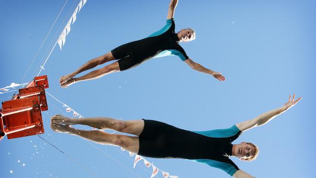EKKA, Steve Black, 47, Surfers Paradise, 0405663011, & Liam Atkins, 21, Melbourne, warming up for their International Extreme High Diving Team show. RNA Showgrounds, Bowen Hills. Photographer: Liam Kidston.