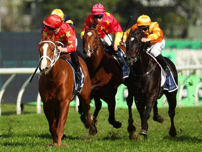 SYDNEY, AUSTRALIA - AUGUST 17: James McDonald riding Gatsby's wins Race 6 Sydney Markets Rosebud during "Rosebud Day" - Sydney Racing at Rosehill Gardens on August 17, 2024 in Sydney, Australia. (Photo by Jeremy Ng/Getty Images)