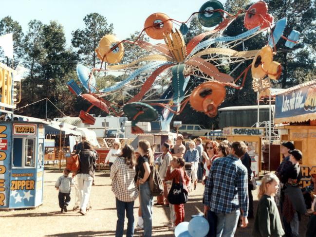 Side Show Alley and rides at the annual Sunshine Coast Show, Nambour, 1970s. The showground served as a venue for the Presbyterian Church of Queensland camps from 1934 until the early 1940s. The last Church camp was held at the grounds in 1945.