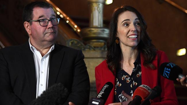 Jacinda Ardern with Finance Minister Grant Robertson after watching a rehearsal of Mary Poppins, The Musical on Thursday in Auckland. Picture: Getty Images