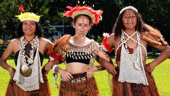 The Cairns Papua New Guinean community will hold their annual PNG family cultural day at Fogarty Park. Andrea Kila, 15, Mia Grimsley, and 10 Mary Kila, 13, will represent different provinces with traditional dances, starting at 10am. Picture: Brendan Radke