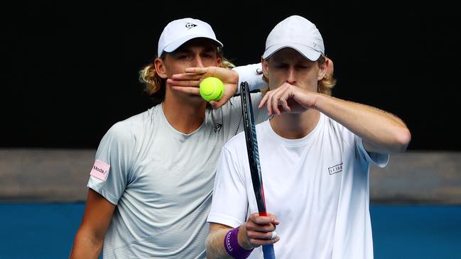 Luke Saville (right, with Max Purcell) is focusing on doubles and wants to break into Australia’s Davis Cup squad. Picture: Mark Stewart