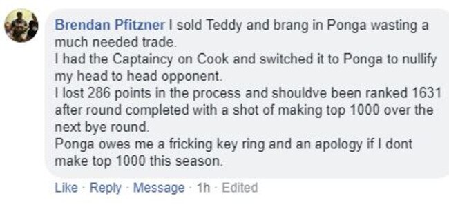 SuperCoach fan Brendan Pfitzner blows up about his bad luck.