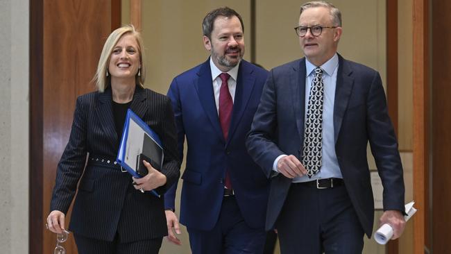 Katy Gallagher, left, Ed Husic and Anthony Albanese arrive at the Jobs and Skills Summit at Parliament House on Thursday. Picture: Getty Images