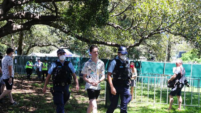 Police and their sniffer dogs were checking members of the public as they arrived for the Field Day Music Festival at the Domain in Sydney last year. Picture: Newscorp Daily Telegraph/Gaye Gerard.