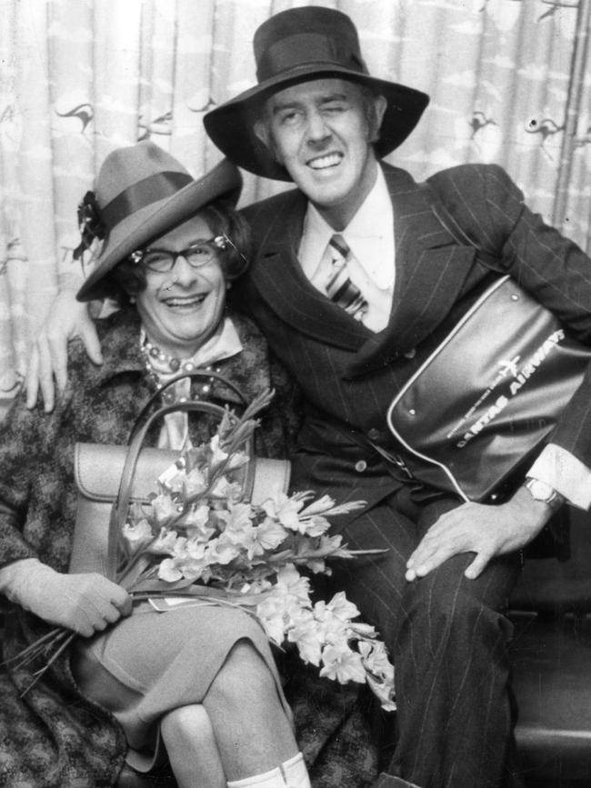 Barry Humphries, left, (in costume as character Edna Everage) and Barry Crocker (in costume as character Barry McKenzie) promoting their film The Adventures of Barry McKenzie. Picture: Supplied