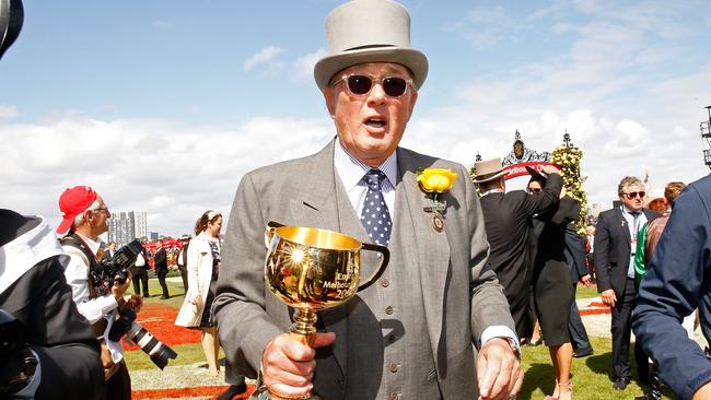 Owner Lloyd Williams celebrates with the Cup in 2017. Picture: Paul Rovere/Getty Images.