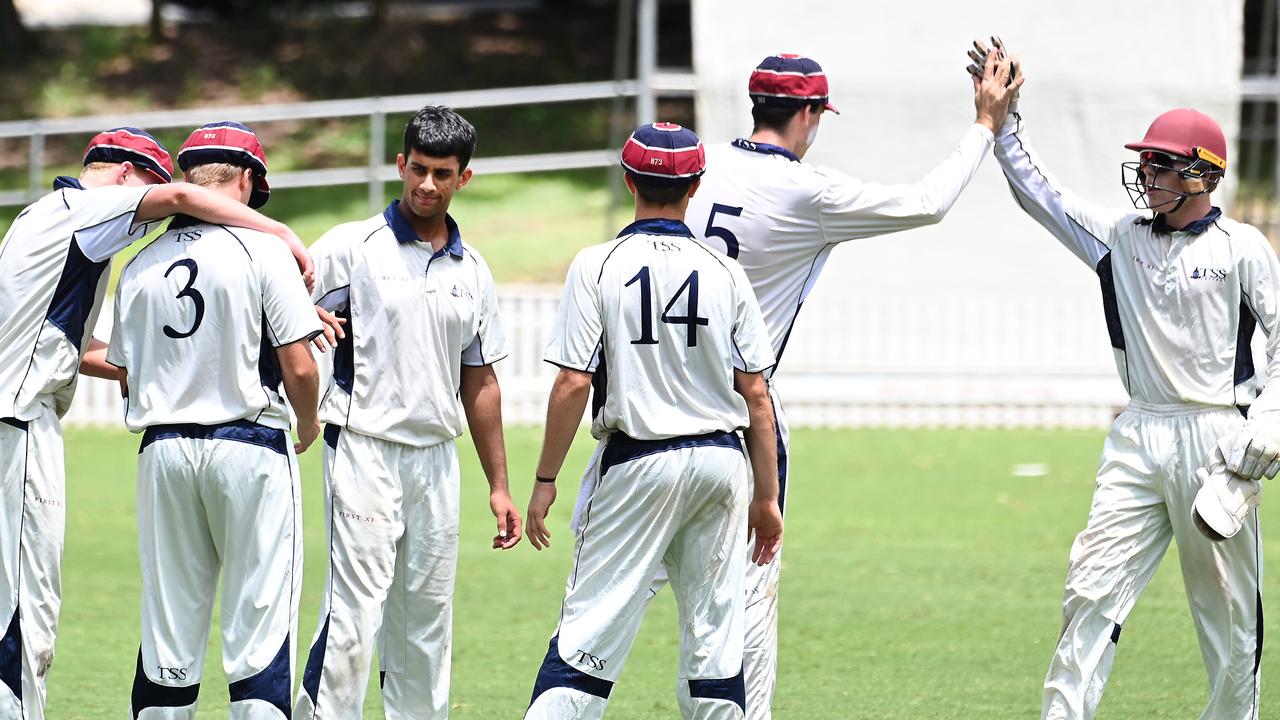 TSS celebrate a wicket GPS first Xv cricket between BBC v TSS at Parkman Park. Saturday February 17, 2024. Picture, John Gass