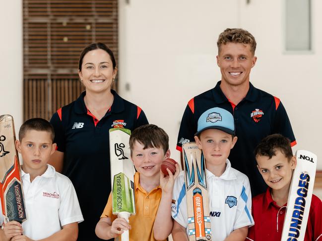 Kate Peterson and Nathan McSweeney at the announcement of Tatachilla Lutheran College's $170k cricket facility upgrade. Picture: Janey at Koa Photography