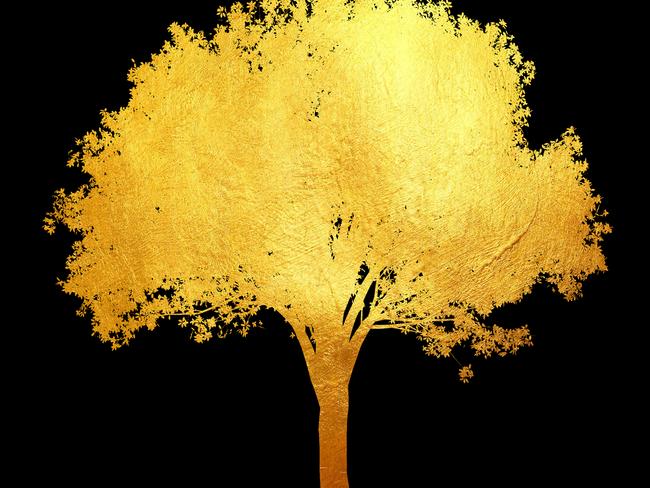 Golden shinning material texture pattern tree isolated on black background. Creative / abstract