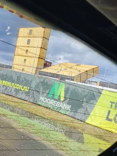 Fallen shipping containers at Moorebank. Picture: Emily Garske