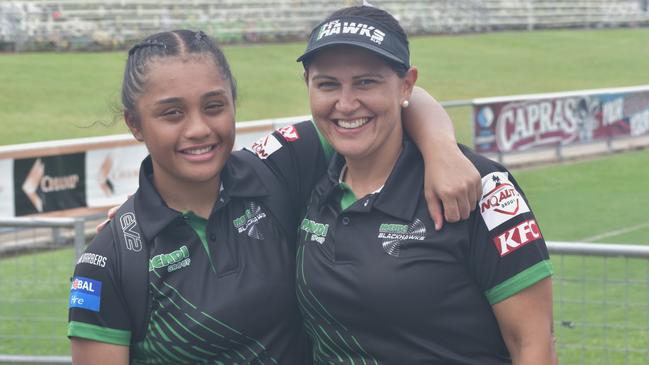 Townsville Blackhawks under-17 player Serenity Mila with coach Rebecca Petersen at the CQ Capras versus Townsville Blackhawks underage games, Browne Park, Rockhampton, on February 17, 2024.