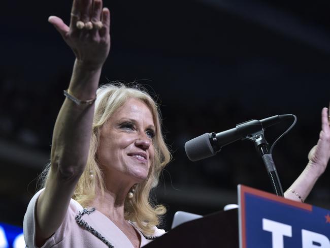 Trump campaign manager Kellyanne Conway speaks at a rally for him in Pennsylvania. Picture: AFP/MANDEL NGAN