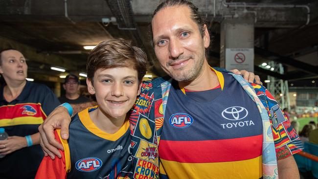 Rafael Espinoza-Hosking and Felipe Espinoza at the Gold Coast Suns match vs Adelaide Crows at TIO Stadium. Picture: Pema Tamang Pakhrin