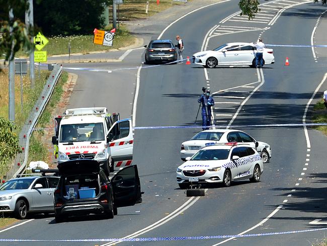 Police shooting in Drouin this morning. The scene of the shooting where a man lies under a sheet next to an ambulance.Picture : Nicki Connolly