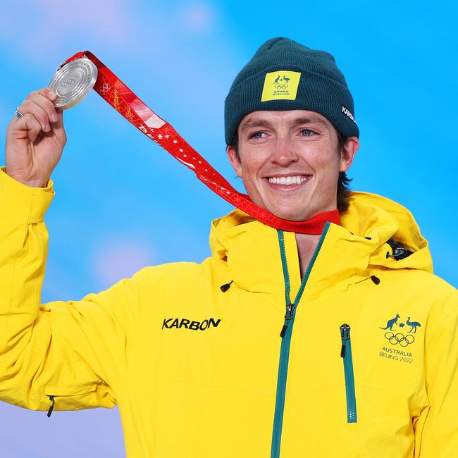 Snowboarder Scotty James with his silver medal after the men’s halfpipe event at the Beijing Winter Olympics. Picture: Getty Images