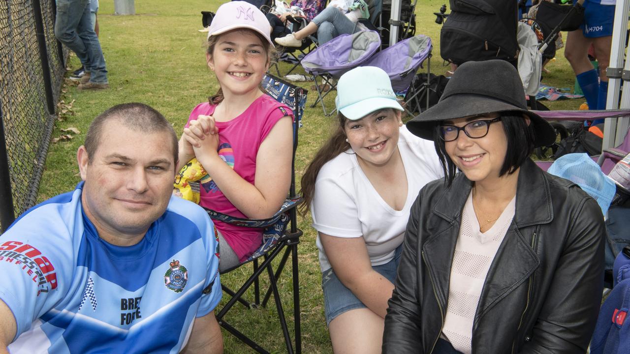 ( From left ) Kevin Rumbel, Charlotte Rumbel, Mia Rumbel and Alicia Rumbel. Brett Forte Super 10s Memorial Rugby Challenge. QPS vs The Army. Saturday, August 14, 2021. Picture: Nev Madsen.