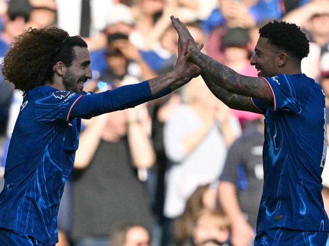 Marc Cucurella (left) celebrates scoring for Chelsea against Leicester City at Stamford Bridge. Picture: AFP