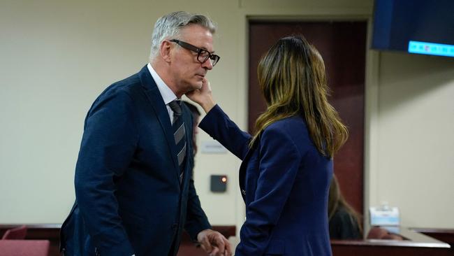 Alec Baldwin with his wife Hilaria in court after he was acquitted for involuntary manslaughter. Picture: AFP