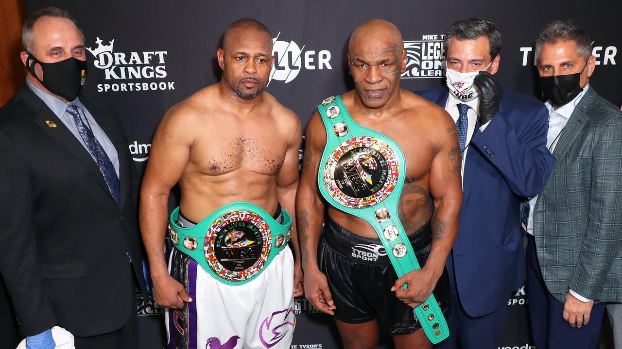 Roy Jones Jr. and Mike Tyson. Photo by Joe Scarnici/Getty Images for Triller.