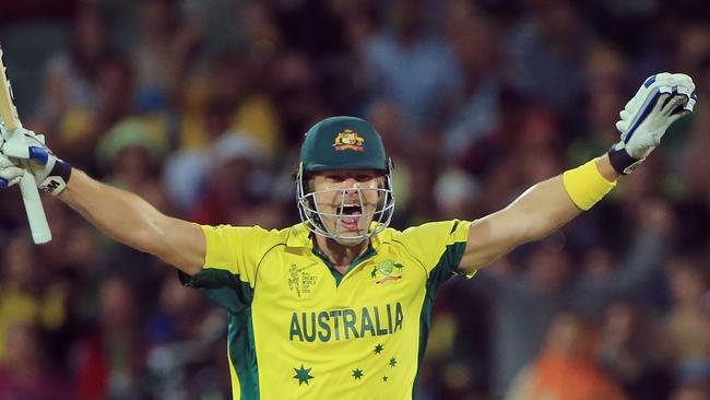 Australia's Shane Watson celebrates as Australia defeated Pakistan by six wickets in their Cricket World Cup quarterfinal match in Adelaide, Australia, Friday, March 20, 2015. (AP Photo/James Elsby)