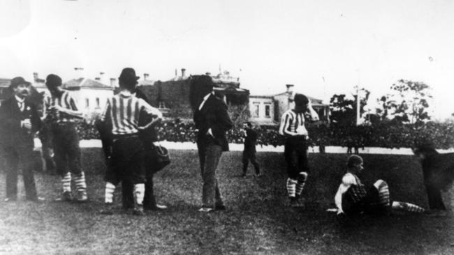 North Melbourne and Richmond in a VFA match in 1903. Both teams are wearing vertical stripes in their traditional colours. Picture: News Corp Australia