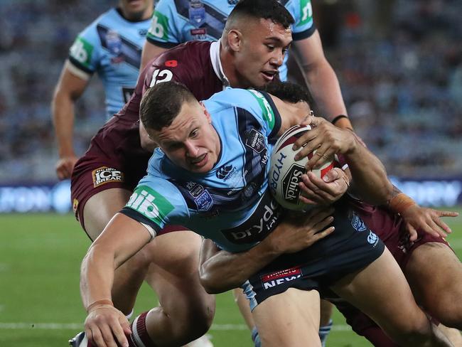 NSW's Jack Wighton scores a try during Game 2 of the State of Origin match between the NSW Blues and Queensland Maroons at ANZ Stadium. Picture: Brett Costello