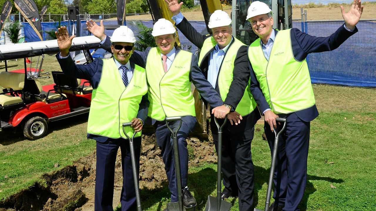 ON TRACK: Springfield Land Chairman, Maha Sinnathamby, Ipswich Mayor Paul Pisasale, Developer Richard Turner and Springfield Land Deputy Chairman, Bob Sharpless, at the recent resort sod turning ceremony. Picture: David Nielsen