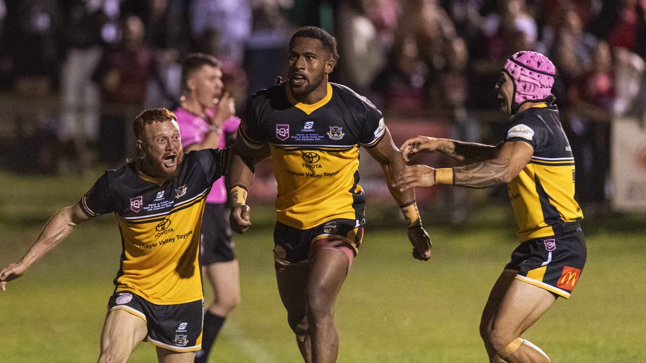 Gatton players celebrate a try against Valleys in TRL Hutchinson Builders A-grade grand final rugby league at Toowoomba Sports Ground, Saturday, September 14, 2024. Picture: Kevin Farmer