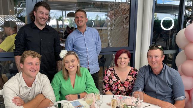 Melbourne Cup in Port Macquarie: (back) Ben Myles and Matt Muzzle with (front) Blake Wells, Jordan Potts, Amy Hickey and Jack Hickey at Settlers Inn.