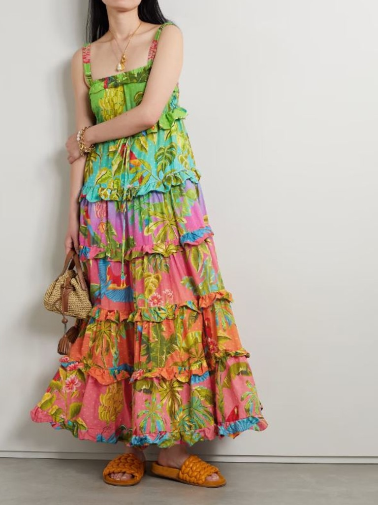 FARM Rio Tiered ruffled printed cotton-voile maxi dress. Picture: NET-A-PORTER.