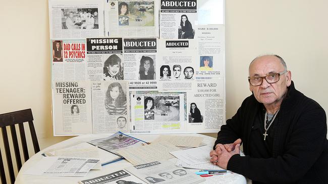 Mr Kotevski with some of the material he has collected in relation to his daughter’s abduction. Picture: Ian Currie